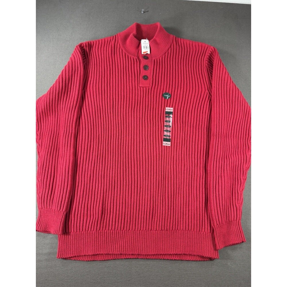 LL Bean Sweater Mens Large Red Chunky Ribbed Knit Fisherman Henley 100% Cotton
